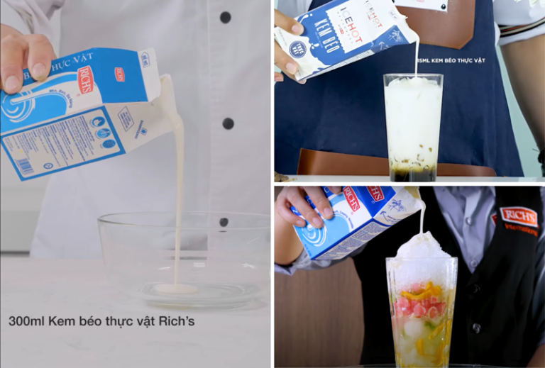 Kem béo thực vật có thể kết hợp với các nguyên liệu làm bánh, pha chế hoặc dùng trực tiếp để trang trí món tráng miệng Kem béo thực vật có thể kết hợp với các nguyên liệu làm bánh, pha chế hoặc dùng trực tiếp để trang trí món tráng miệng